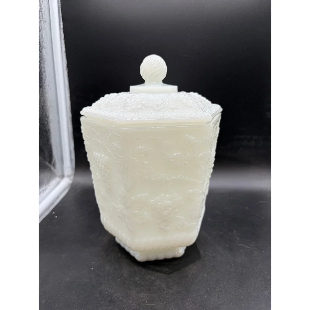 Anchor Hocking Milk Glass Harvest Grape Hexagon Candy Dish with Lid Vintage